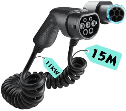 LDY Typ 2 ladekabel Spiral - 11 kW - 15m Kabel | Extra langes 15 Meter Kabel für Auto EV/PHEV - 11kw ladegerät typ 2-2 Jahre Garantie - typ 2 ladekabel 11kw