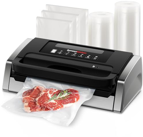 Bonsenkitchen Machine à emballer sous vide, design avec verrouillage de la poignée, puissante, silencieuse, avec technologie Globefish, coupe-légumes intégré, noir