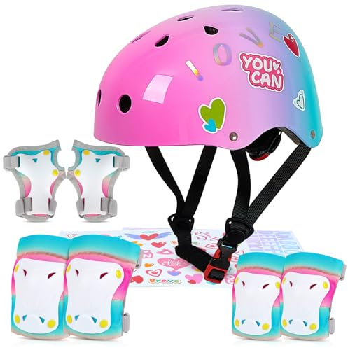 MHJY Kids Helmet and Pads Set with DIY Stickers Girls Bike Helmet Age 3-8 Years Unicorn Knee and Elbow Pads Adjustable Protective Gear for Children Cycle, Skateboard Scooter, Roller Skates