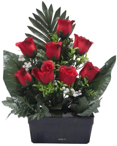 Artificielles.com - Jardinière fleurs artificielles bouton de rose et Gypsophile Rouge pour la Toussaint - couleur: Rouge 755