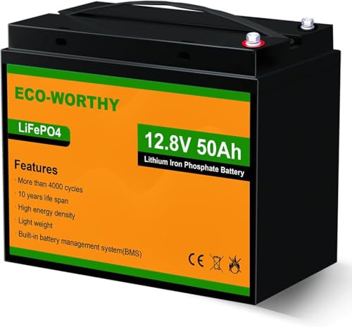 ECO-WORTHY 50AH 12.8V LiFePO4 Battery Lithium Iron Phosphate with Built-in BMS & 4000-15000 Deep Cycles,Perfect for Trolling Motor, Golf Cart, Boat,Power Wheelchair, Solar Panel System