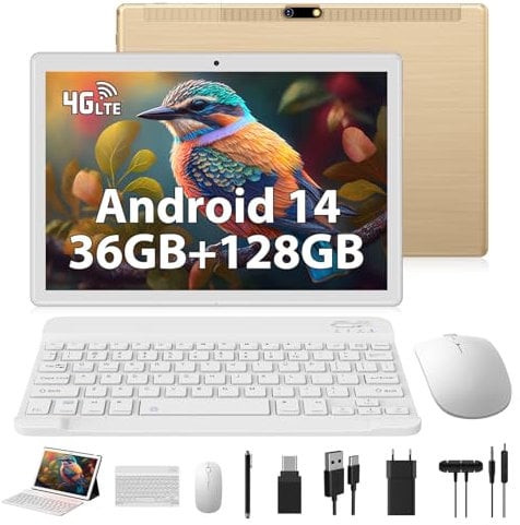 WOREGOO Tablet Android 14 de 10 Pulgadas, 4G LTE y WiFi 5G, 36 GB RAM + 128 GB ROM (1TB TF), Octa-Core, 1280 * 800HD/8000 mAh/5 MP+8 MP/Bluetooth 5.0/GMS, Tablet con Teclado, Ratón, Funda,-Dorado