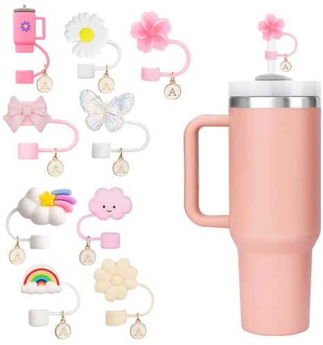 FIDWALL 9PCS Personalised Cup Accessories, Compatible with Stanley Cup 30oz/40oz, Dust-Proof Silicone Straw Covers with Letter Charm, Reusable Straw Toppers