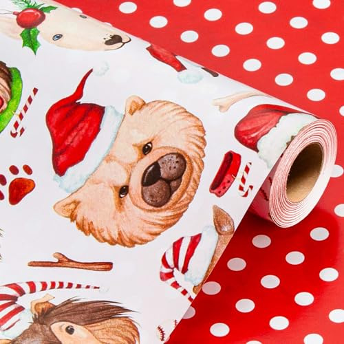 Wikadlik Weihnachts Geschenkpapier Minirolle mit niedlichem Hundemotiv, Weihnachtsmützen und Punktmuster für Winter, Feiertage, DIY und festliche Anlässe – 43cm x 10m