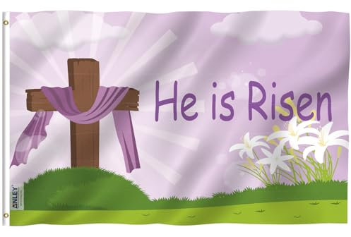 Anley Fly Breeze Osterflagge „He Is Risen“, 91 x 152 cm, lebendige Farben und lichtecht, Canvas-Kopfzeile und Doppelnähte, Karfreitag, christliche Jesus-Lilie, Flaggen aus Polyester mit Messingösen