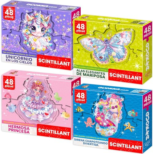 QUOKKA Puzzle ab 4 5 6 Jahre - 4x48 Schimmerpuzzle Spiele für Jungen und Mädchen - Bunte Puzzle mit Einhorn Prinzessin Meerjungfrau und Schmetterling - Geschenk Form Spielzeug für Kinder 3 7 Jahre