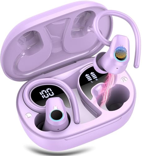 Wireless Earbuds, Bluetooth 5.3 Headphones with 4 ENC Noise Canceling Mic, 50H Stereo Dual LED Display Ear Buds, Sport Wireless Earphones with Earhooks, IP7 Waterproof Wireless Headphones Gym, Purple