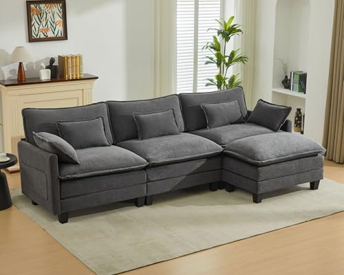 SAMERY Ecksofa Modulares Sofa Couch L Form mit Polsterhocker Big Sofa 3 Sitzer Wohnlandschaft L-Form Eckcouch Schlafsofa Wohnzimmer Schlafzimmer Wohnung MöBel mit 5 Kissen und Doppelten Sitzkissen
