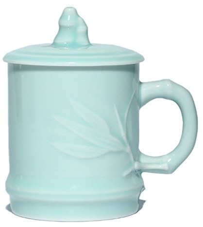 Teacups Coffee with Lid 15oz Porcelain Celadon Engraved Bamboo(Sky Blue)