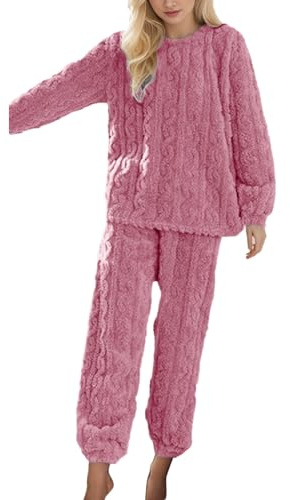 Celanisai Pigiama in flanella, da donna, in pile Teddy, lungo, femminile, morbido, 2 pezzi, a maniche lunghe, top e pantaloni invernali, caldo, confortevole, O rosa., Taglia unica