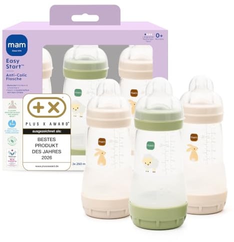 MAM Easy Start Anti-Colic Babyflasche 3x 260 ml, 0+ Monate, Gr. 1, Hase | Selbst-sterilisierend in der Mikrowelle in 3 Min, Anti-Kolik-Bodenventil, brustähnlicher SkinSoft Sauger, ab Geburt