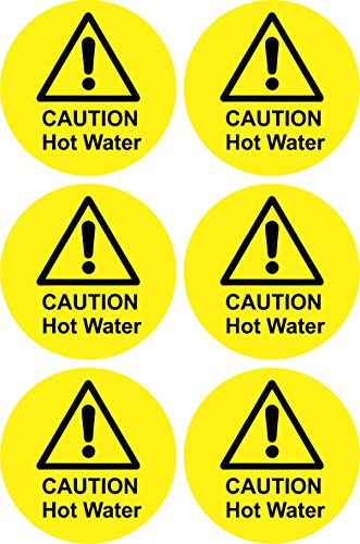 Caution Hot Water Self-Adhesive Vinyl Stickers, Yellow, Round, 6.5cm
