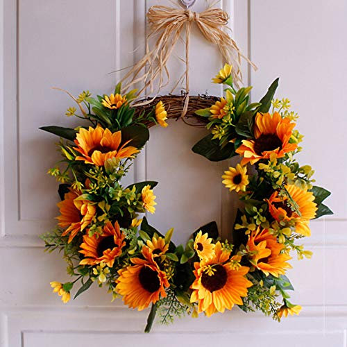 SUREH Couronne de Tournesol Artificiel avec Tournesol Jaune et Feuilles Vertes 30,5 cm Couronne de Porte en Soie Couronne d'été Couronne de Printemps Couronne de décoration Ronde pour Porte d'entrée