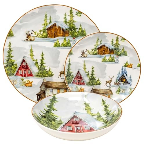 NAMAI - Servizio Piatti Natalizi, 18 Pezzi, Adatti alla Lavastoviglie, Porcellana Resistente, Eleganza Natalizia, Set Piatti 6 Persone, Idea Regalo, Articoli Natalizi (PAESAGGIO)