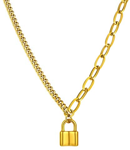 ChainsHouse Gold Damen Y stab Kette mit Anhänger Schloss für Kinder und Jugendlichen
