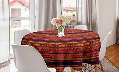 ABAKUHAUS Orange Runde Tischdecke, Abstrakte Ethno Doodle, Kreis Tischdecke Abdeckung für Esszimmer Küche Dekoration, 150 cm, Orange Rot Plum