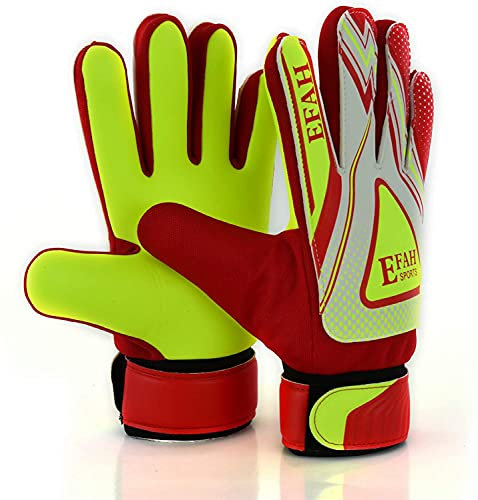 EFAH SPORTS Torwarthandschuhe für Kinder Jungen & Mädchen Fußballhandschuhe für Junioren mit extra Grip & Rutschfester Handfläche (Red/Yellow, Size 5 Suitable for 9 to 12 Years Old, Beidhändig)