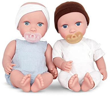 Babi 2 Baby Puppen Zwillinge Mädchen Junge mit Kleidung und Schnuller – Weiche 36 cm Puppen mit mittlerem Hautton und blauen Augen – Spielzeug Set ab 2 Jahren