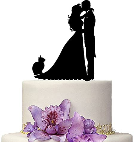 YAMI COCU Wedding Cake Topper, Black Color Acrylic Silhouette Couple Bride and Groom Cat Wedding Party Decorations