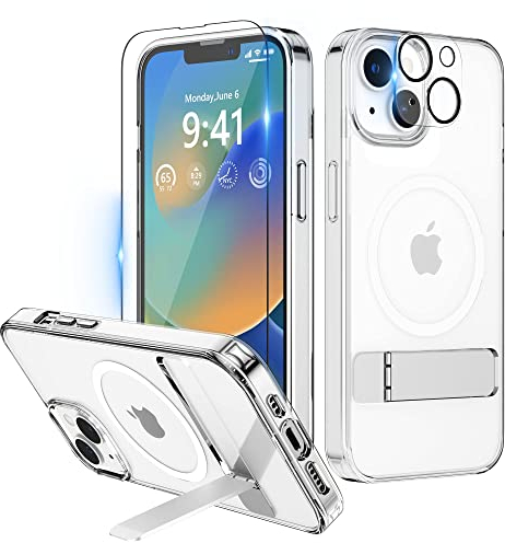 Niunisi Magnetic Case for iPhone 14 Case 6.1-Inch (2022), Slim Kickstand with Screen Protector Compatible with Magsafe Shockproof Translucent Matte Cases Phone Case Cover (Kickstand Clear)