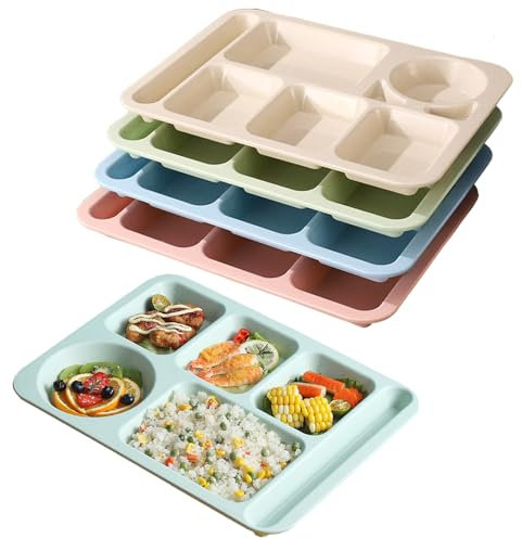 4Pcs Unbreakable Divided Plate,14inch Reusable Plastic Lunch Trays With 6 Compartments,Large Portion Control Plate Serving Meal Plate for Adults,Microwave & Dishwasher Safe For Daily Use,4Colors