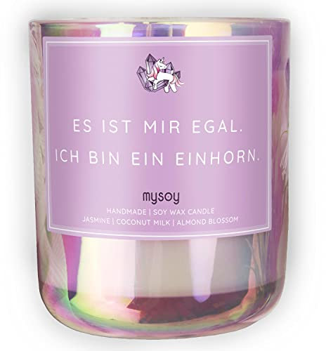 Edelstein Duftkerze mit Einhorn Spruch | Handgemacht aus Sojawachs | In Geschenkbox | BFF Geburtstag Valentinstag Geschenk für Sie Freundschaft Freundin Deko Kerze gute Laune |Jasmin-Kokos
