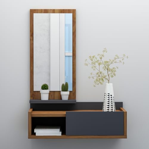 Homidea Maya Meuble de couloir suspendu - Armoire miroir - Porte-manteau mural - Garde-robe de couloir pour l'entrée avec tiroir, miroir et étagère de style moderne (noyer/anthracite)