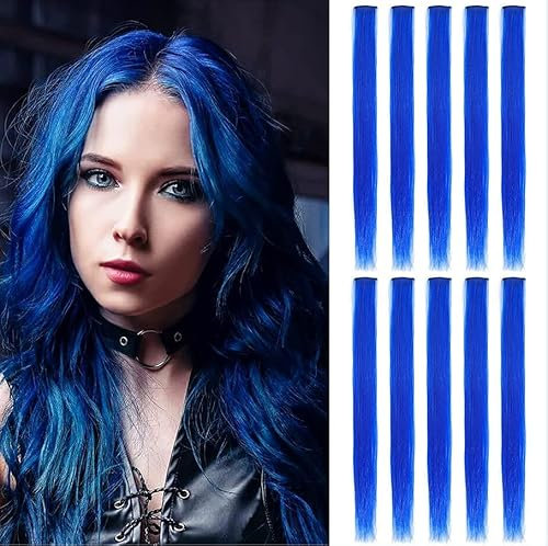 KHDULQ 10 Stücke Blau Haarsträhnen Zum Einflechten, Clip In Extensions Haarsträhnen Zum Einklipsen Haarsträhnen Haarteil Blau Party Highlight Farbige Haarstreifen, Cosplay Geschenk