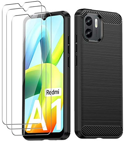 Funda para Xiaomi Redmi A2/Redmi A1 + [3 Piezas] Protectore de Pantalla, Weideworld [Textura de Fibra de Carbono] [Antichoque/Antirrayas] Carcasa de Armadura Resistente Funda de Silicona Bumper