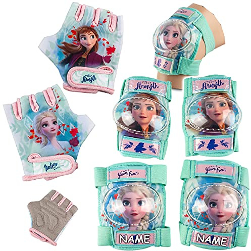alles-meine.de GmbH 6 TLG. Set - Knieschoner + Ellenbogenschützer + Fahrradhandschuhe - die Eiskönigin - Frozen - inkl. Name - für Circa 4 bis 12 Jahre - Kinder - Schutzausrüstun..