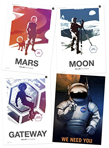 Artery8 NASA Modern Explorers Explore We Need You Moon to Mars Lunar Architect Dune Scout Gateway Commander A4 Wall Art Print Poster Pack of 4
