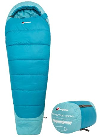 Berghaus Transition 300W Sleeping Bag for Adults, Teens, 1 Person, 3 Season, Women's Specific Design, Indoor & Outdoor Use, Camping, Hiking, Backpacking, Travelling, Compression Bag, Blue