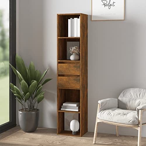 Tidyard Bücherregal Bücherschrank Standregal Aktenregal Raumtrenner Wandregal Aufbewahrung Dekoregal Regal,Mit 4 Fächern und 2 Schubladen, Räuchereiche 36x30x171 cm Holzwerkstoff