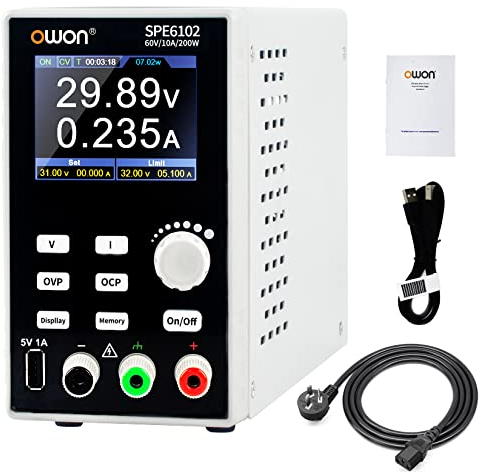 OWON SPE6102 Fuente de alimentación de laboratorio programable (0-60 V 0-10 A), fuente de alimentación de CC de 200 W, pantalla LCD de 2,8 pulgadas, software de PC de salida de canal único y carga USB
