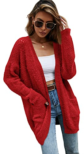 HEYPORK Damen Herbst Winter Warm Bequem Jacke Casual Mode übergangsjacke Mantel Frauen Strickjacke Halblange Jacke(Rot, L)