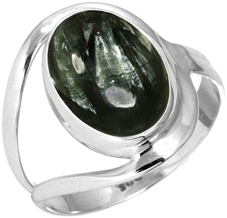 Jeweloporium 925 Silber Ringe für Damen Grün Natürlich Russischer Seraphinit mit Stein Handgefertigt Silber Ringe Größe 64(20.4) Halloween Geschenk Mode Schmuck