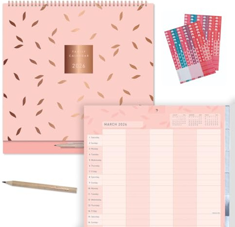 Matilda Myres Calendrier familial 2024 – Calendrier mural pour 5 personnes – Calendrier de planification de la maison – Janvier à décembre 2024 – Autocollants d'activités (rose 2024)