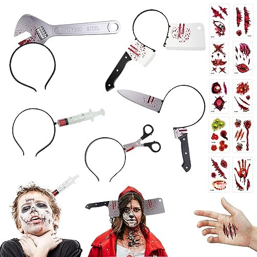 Goujfol Halloween Terror Diademas Decoración, Halloween Sangrientas Llave Cuchillo Flecha Jeringuilla con Pegatinas Cicatriz Tatuaje, Carnaval Cosplay Vampiro Zombi Disfraz Fiesta Decoración