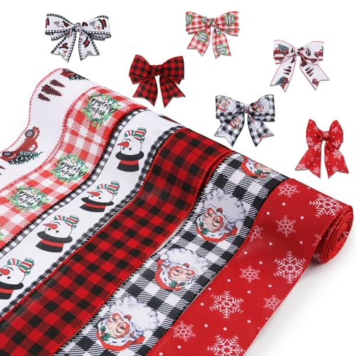6 Rollen/9m Weihnachtsband mit Draht, 6,4cm Geschenkband Weihnachten Schneeflocke Weihnachtsmann Karo Schneemann Kranz Weihnachtsbaum Band zum Basteln (6 Stile)