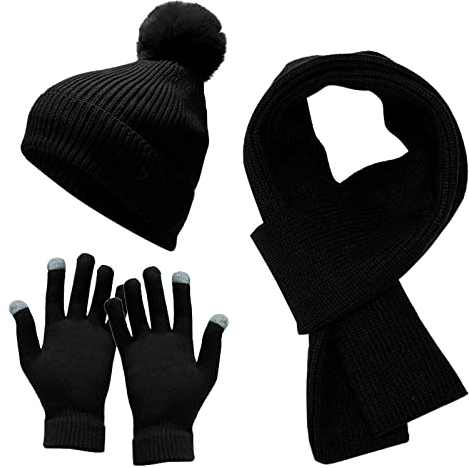 Mütze Schal Damen Winter Mütze mit gerolltem Saum Halswärmer Winter warm und dick gestrickt Handschuhe für draußen und Alltag, geeignet für Herren und Damen, Schwarz , One size
