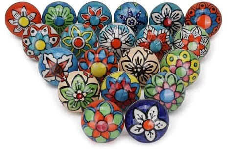 FURNISHFUL FINESSE Cabinet Multicolor Assorted Ceramic Drawer Pull Handle Kitchen Cupboard Wardrobe Knob Boho Room Decorative Furniture Dresser Drawers Knobs-Pack of 20