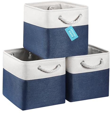 OrganiHaus 28x28 Cube Storage Bins Set of 3, Fabric Cube Baskets for Storage Shelves, Foldable Storage Cubes for Kallax Organizer Cube Bins w Rope Handles, Cubby Bins for Nursery Decor, Navy Blue