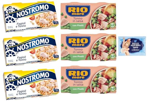 6er-Pack Testpaket Rio Mare Thunfisch und Erbsen + Nostromo Thunfisch und Bohnen Fertiggericht, 2x150g + 1er-Pack Kostenlos Felce Azzurra Talkumpuder, 100g-Beutel