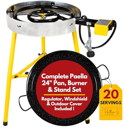Paelluxe Juego de quemador de paella y soporte de 20 porciones, sartén de paella de 24 pulgadas, estufa de propano dual para exteriores con soporte y regulador, cocina de gas portátil para camping