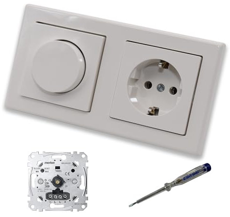 EBROM SET IDEE: Merten MEG5134-0000 LED Drehdimmer Dimmer + Dimmerscheibe MEG5250-0319 und Steckdose MEG2301-0319 in polarweiß glänzend System M Smart inkl. EBROM Phasenprüfer zur Montage der Geräte