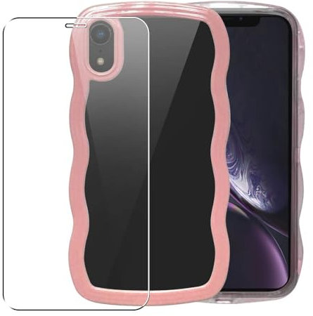 SDTEK Case for iPhone XR, Wave Design with Clear Back Cover + Glass Screen Protector 360 Women Girls (Pink)