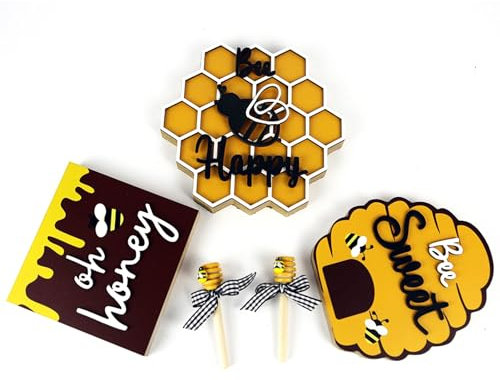 BFYDOAA 5 Stück Bienen-Tiertablett-Dekoration aus Holz, Bauernhaus-Honigschild, Bienen-Themenblock für Tisch, Regal, Kaminsims, Frühling und Sommer