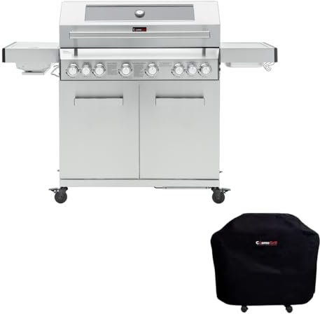 CosmoGrill 8 Burner Stainless Steel Yamara 6+2 Gas BBQ, Viewing Glass, 6 Main Burners, 1 Ceramic Sear Burner, 1 Back Burner, Cast Iron Grills & Bamboo Storage (Silver with Cover)