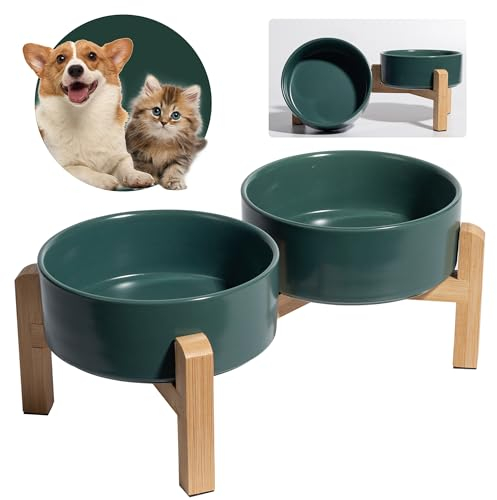 Gamelle pour Chien Surélevée Ceramique - Double Gamelle Chien Surelevee avec Support en Bambou - Set de Bol Chien pour Nourriture et Eau - Gamelles Surelevées pour Petits Chiens et Chats - 2 x 480 ML