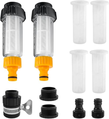 Wasserfilter Gartenschlauch, 2 Stück 3/4 Zoll Vorfilter Gartenpumpe mit 4 Filtereinsatz & 5 Schnelladapter, Wasser Vorfilter Wasserfilter Set für Hochdruckreiniger, Gartenpumpe, Wohnmobil